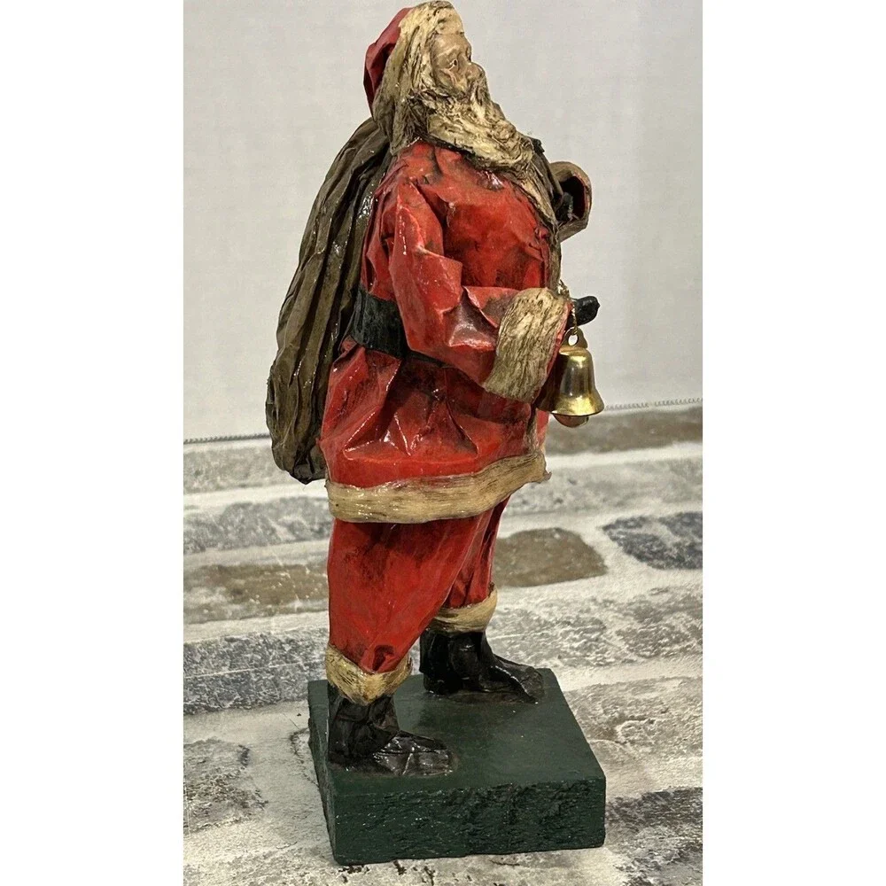 Vintage Folk Art Paper Mache’ Santa Claus Figurine Bell Bag Of Toys 8.5” High